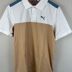 Puma Men's White and Tan Polo with Blue Accents